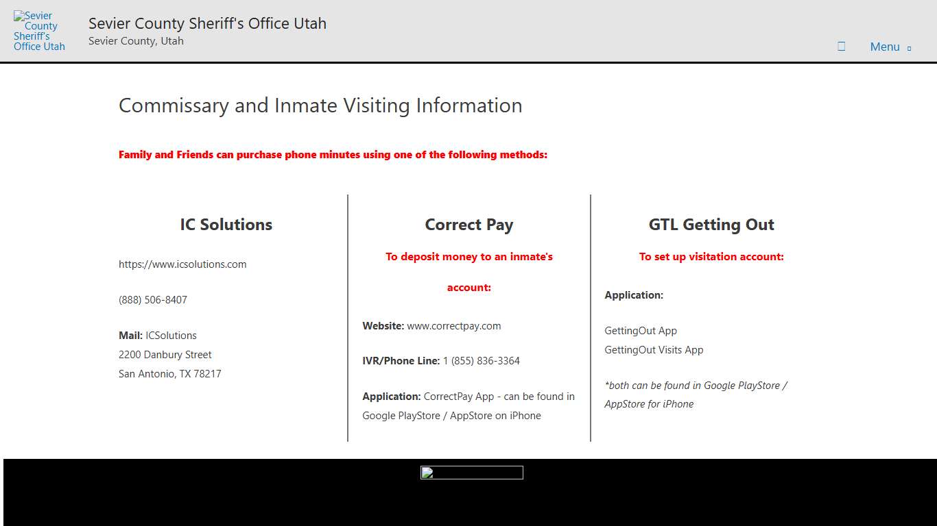 Commissary and Inmate Visiting | Sevier County Sheriff's Office Utah
